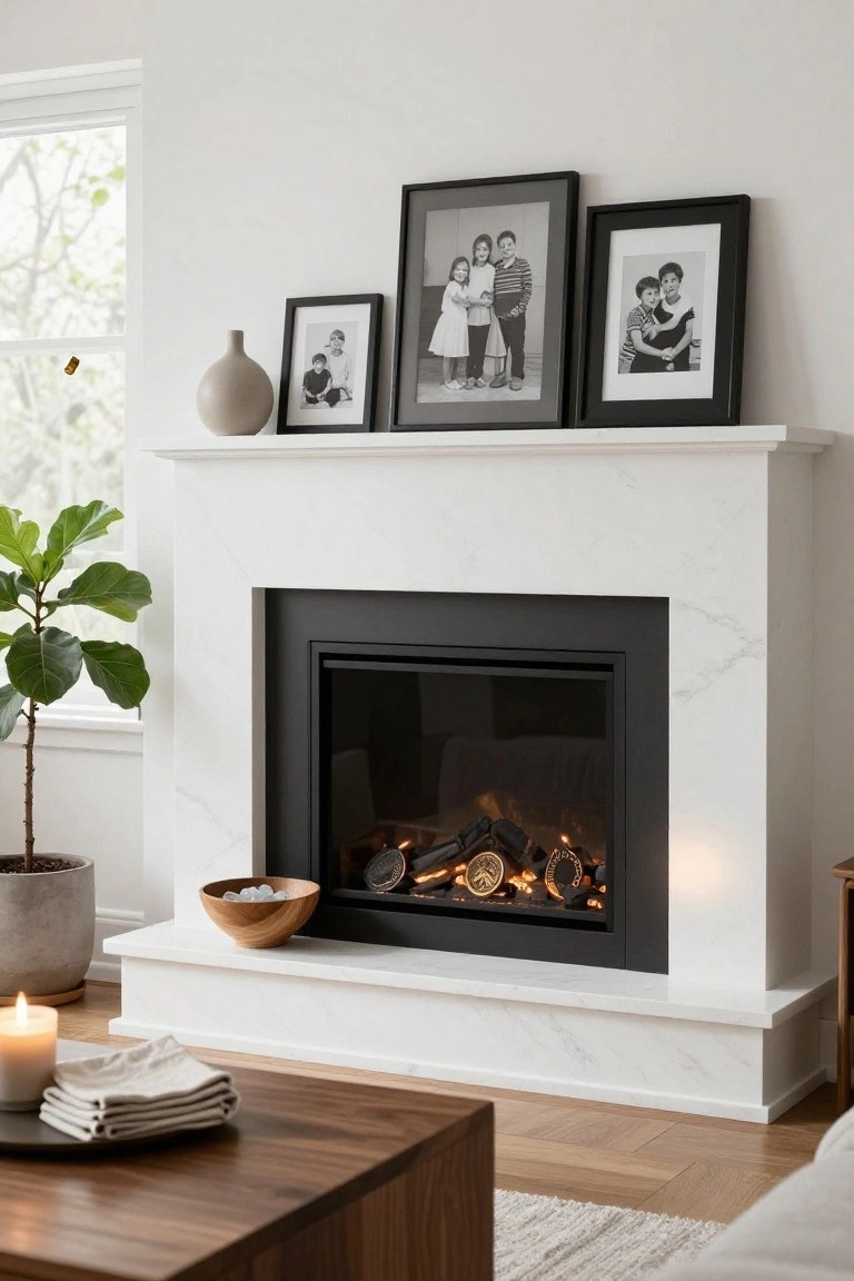 White marble fireplace mantel with several black-framed black-and-white family photographs, a beige vase, wooden bowl of white stones, and candle nearby in a modern living room with wood floors and plants.