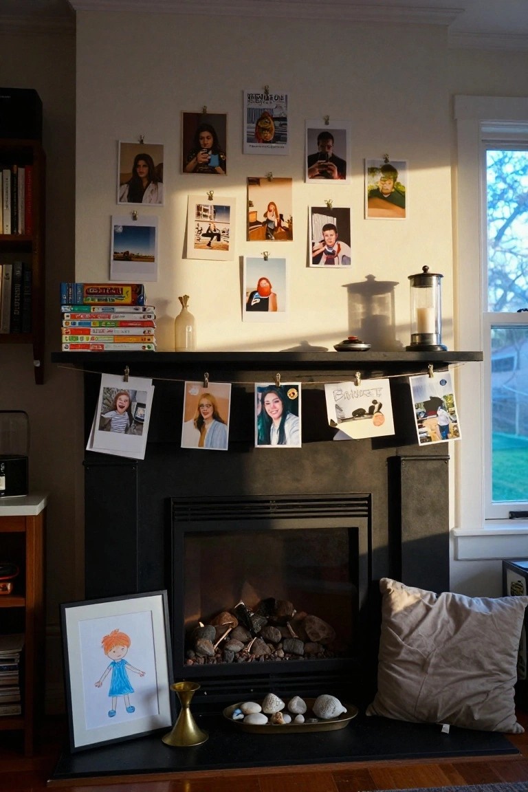 A living room fireplace mantel with a horizontal string holding clipped family photographs, bookshelves to the side, and personal items like candles and shells nearby.