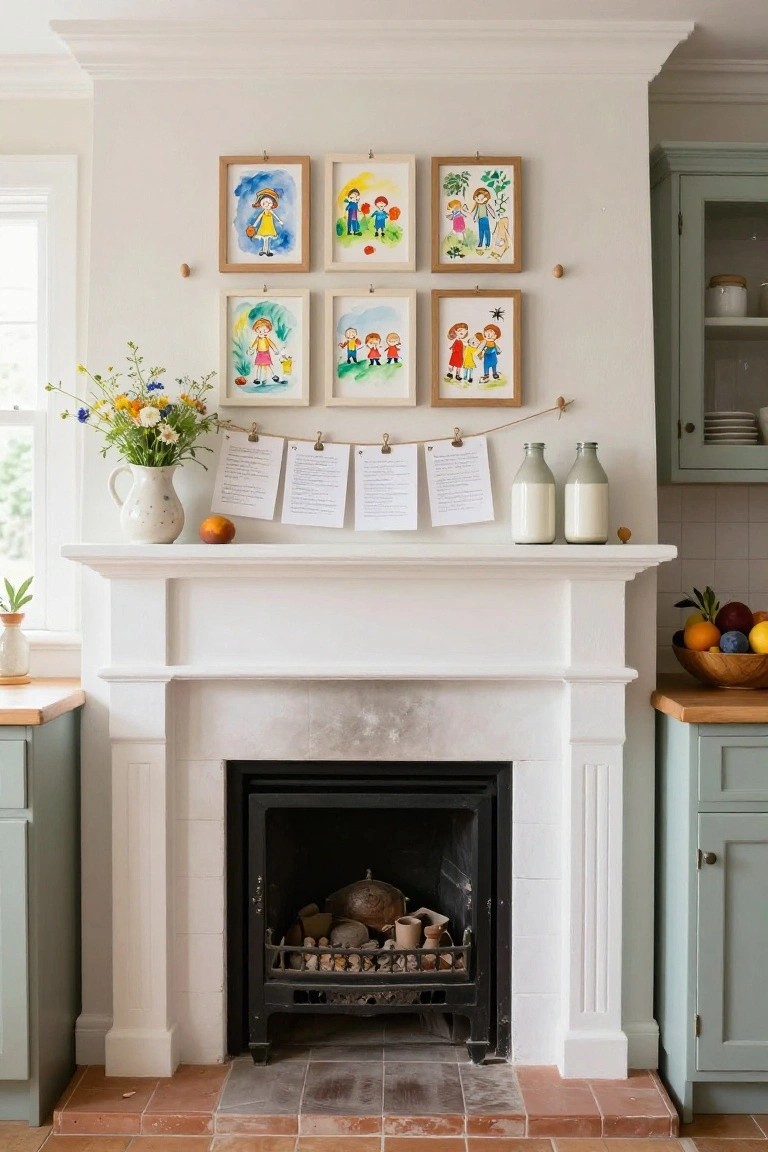 White fireplace mantel in a pale green kitchen displaying pinned papers, milk bottles, a vase of wildflowers, and a fruit bowl, with six colorful children's paintings framed and hung on the wall above.
