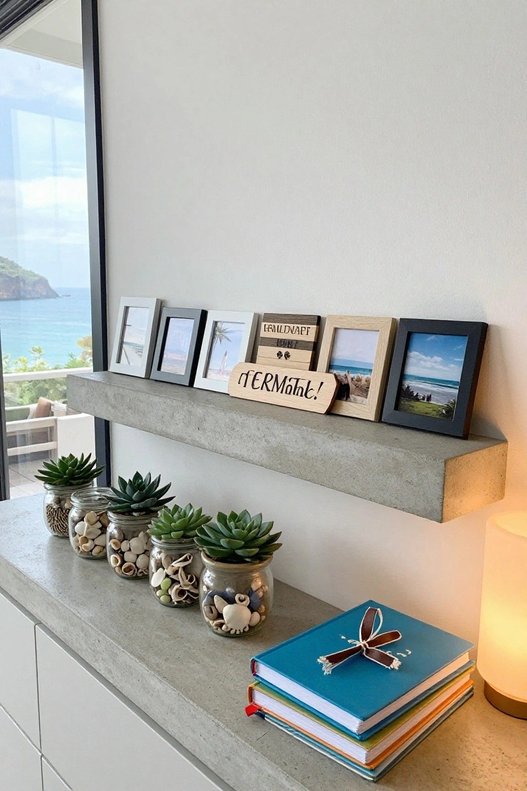 Concrete floating shelf above a white dresser displays picture frames, wooden signs, jars with shells and succulents, stacked books, and a lamp, next to a window with ocean view.