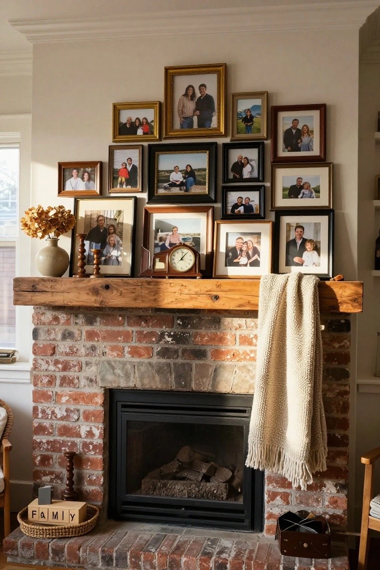 Brick fireplace with wooden mantel topped by candles and vase, wall above covered in assorted family photo frames, white throw draped over mantel edge, and "FAMILY" blocks nearby.