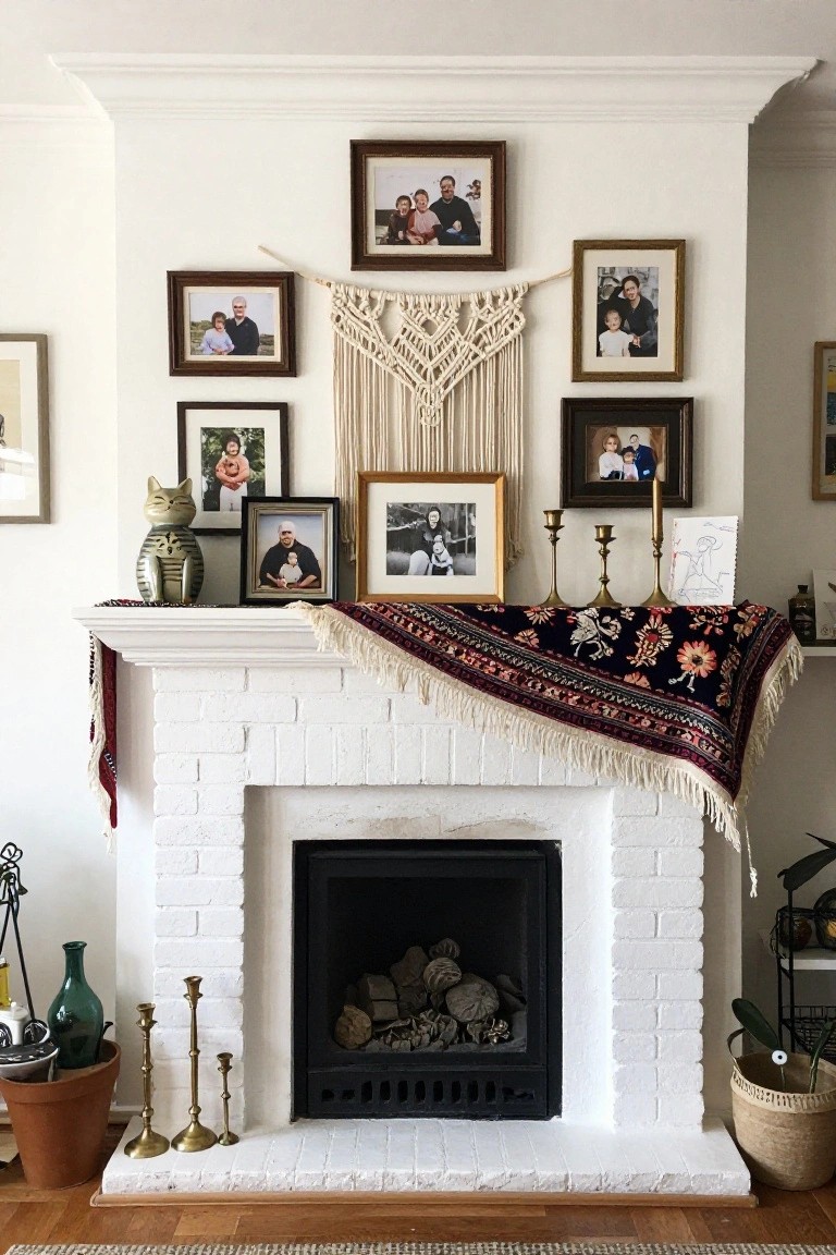 White brick fireplace with a colorful Persian-style rug runner on the mantel, surrounded by eclectic decor including family photos in various frames, macrame hanging, brass candlesticks, ceramic cat figurine, and potted plants.