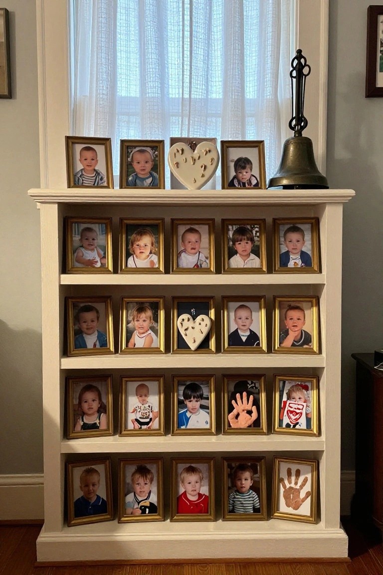 White wooden multi-shelf unit displaying numerous small gold-framed photos of infants and toddlers, decorative white hearts, a handprint artwork, and a brass bell on top, positioned in a light gray room near a sheer-curtained window.