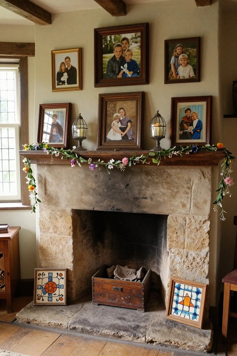 A rustic stone fireplace mantel draped with mixed floral garland, surrounded by multiple framed family photographs in various sizes on adjacent walls, wooden crates in the hearth, and colorful tiled plaques on the floor nearby.