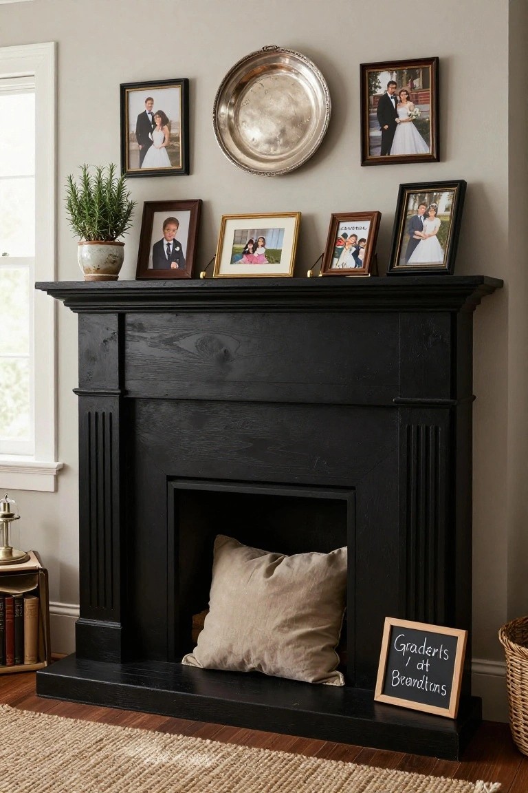 Black wood mantel above a fireplace holding multiple framed family photos of weddings and children, a potted rosemary plant, silver platter, small frames, and a chalkboard sign reading "Graduates at Brendons", with a beige pillow in the hearth opening and light gray walls nearby.