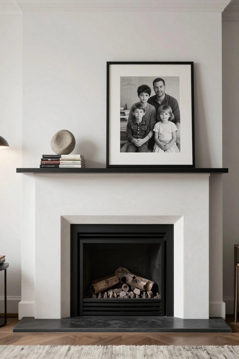 Black-and-white family portrait above a white fireplace with stacked logs.