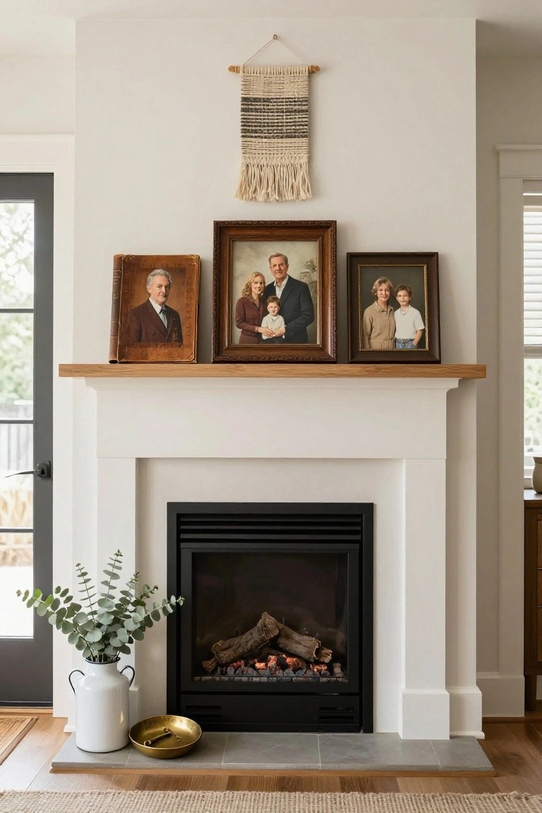 White fireplace with black gas insert and wooden mantel shelf displaying three ornate framed family portraits, woven wall hanging above, eucalyptus branches in white pitcher to the side, and brass bowl on gray tile hearth.