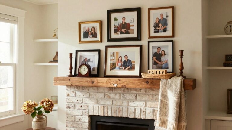 Brick fireplace with wooden mantel topped by candles and vase, wall above covered in assorted family photo frames, white throw draped over mantel edge, and "FAMILY" blocks nearby.