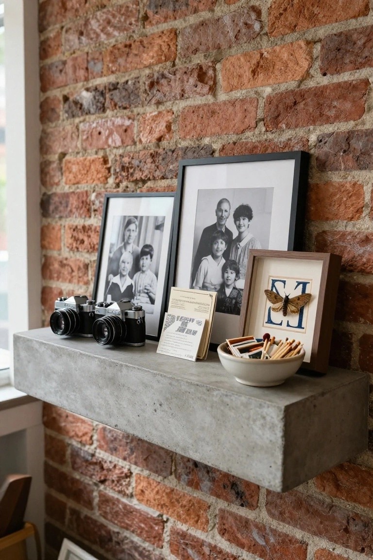 Gray concrete floating shelf on red brick wall displaying two black vintage cameras side by side, black-and-white family photos in frames, papers and cards, matchbooks in a white ceramic bowl, and a small framed butterfly specimen.