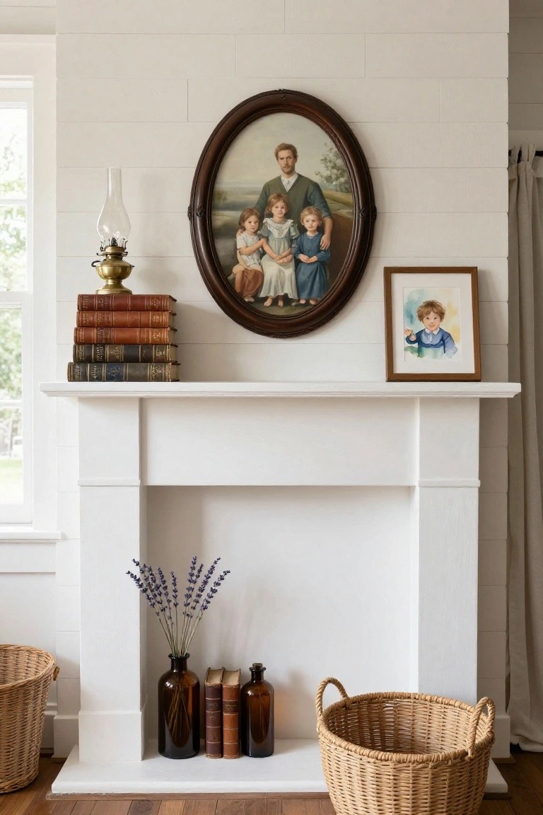 White shiplap wall with fireplace mantel displaying brass oil lamp and stacked antique books on shelf above large oval oil portrait of man and three girls, small watercolor portrait of boy, lavender bouquet, brown glass bottles, and wicker baskets on hearth.