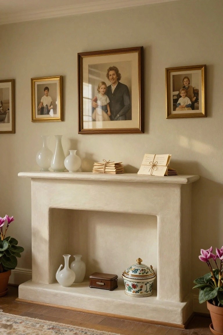 A pale stone mantelpiece in a soft green room displays white glass vases, stacked papers bound with twine, and letters on top, with gold-framed family portraits of a woman with child and other family members on the walls above, porcelain jars and a wooden box in the hearth opening, and potted orchids flanking the sides.