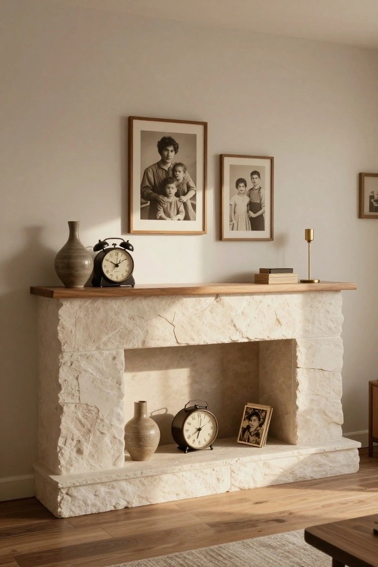 A light beige stone fireplace mantel with wooden top shelf holding stacked books and a gold candlestick, flanked by vintage alarm clocks and ceramic vases, family photos framed on the wall above and a small photo inside the hearth.