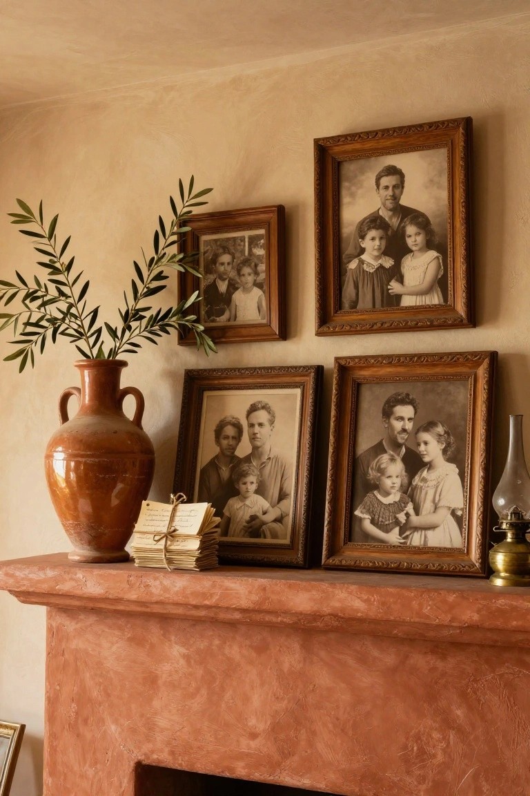 A rustic terracotta mantelpiece over a fireplace holds a large terracotta vase with olive branches, stacks of tied papers, and several ornate framed sepia-toned family portraits arranged on the shelf and surrounding walls.