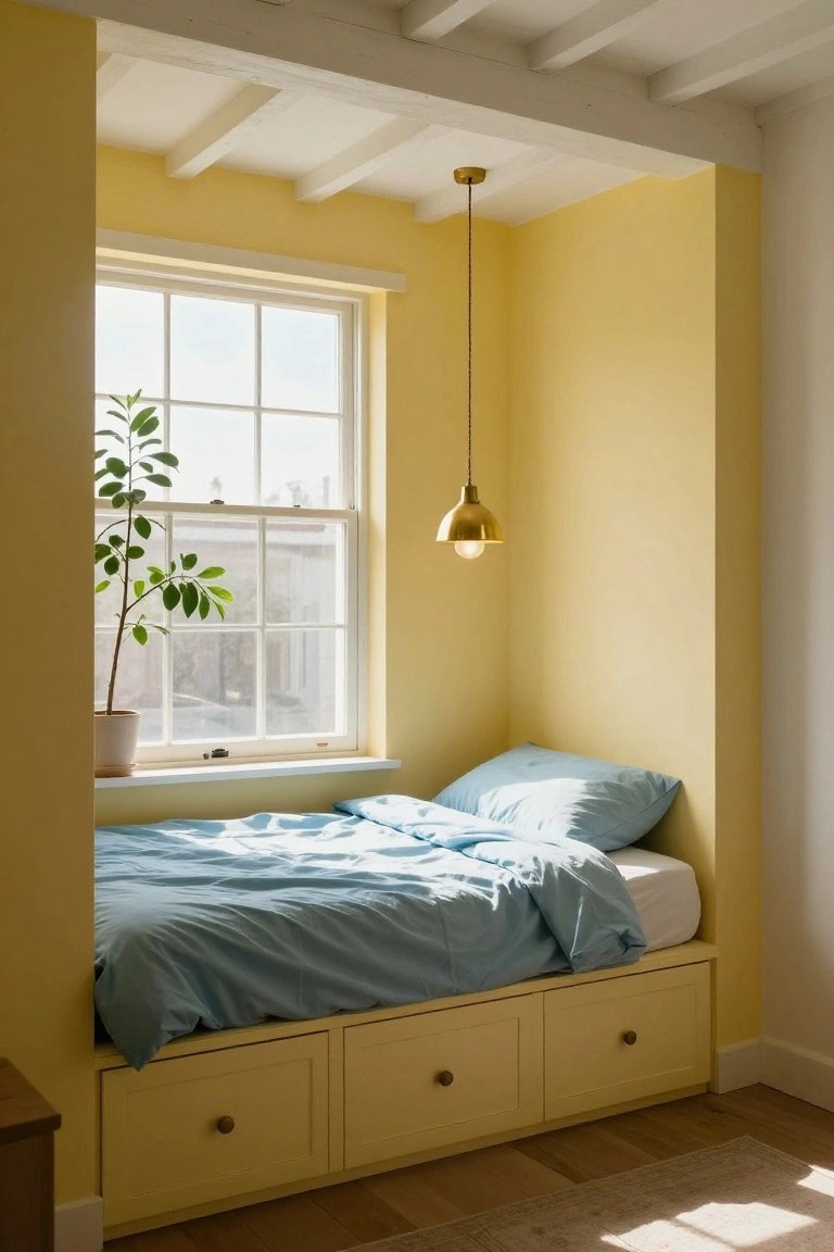 A small bedroom alcove with pale yellow walls, a white-framed window overlooking outdoors, a potted green plant on the windowsill, blue bedding on a low built-in bed platform with yellow drawers underneath, and a brass pendant light hanging from wooden beams.