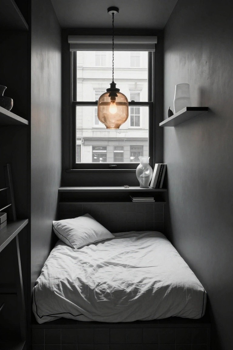 Narrow bedroom interior with dark textured walls, platform bed with rumpled white sheets and pillows, built-in dark shelves holding books and vases, amber glass pendant light, and a window overlooking buildings.
