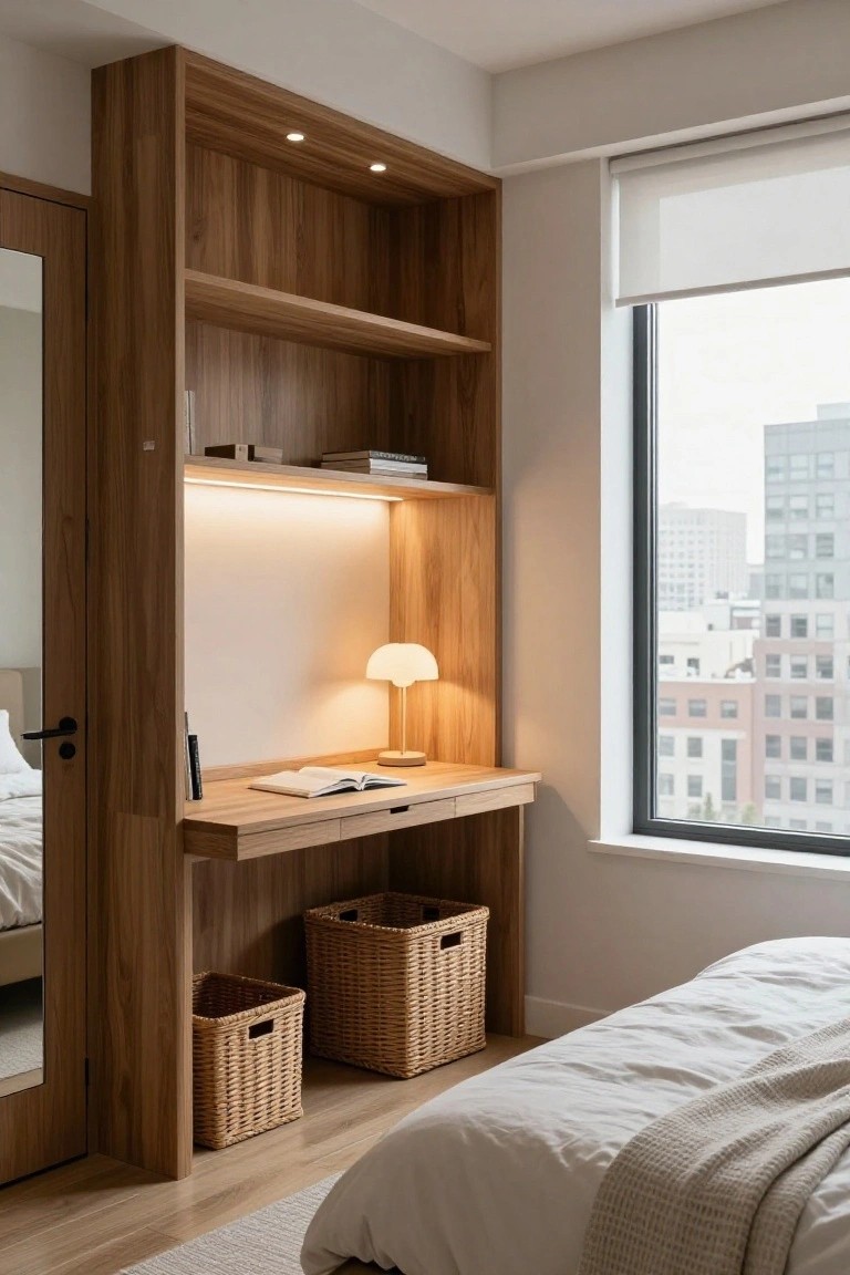 Small bedroom with tall wooden built-in shelving unit including open shelves, integrated desk, wicker baskets, and mirror door beside a large window with city view and bed nearby.