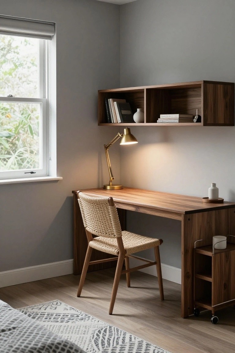 Bedroom corner with walnut wood desk, rattan chair, gold desk lamp, floating wooden shelves holding books and vase, small white vase on desk, and wooden rolling trolley beside desk, next to window with gray roller blind and plants outside.