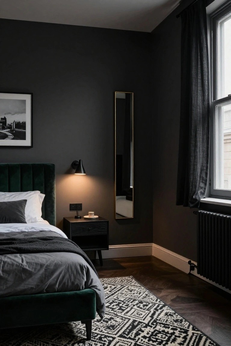 A small bedroom corner with dark charcoal walls, emerald green velvet tufted bed frame, white and gray bedding with gray throw, black nightstand holding a lamp and cup, tall gold-framed mirror, wall sconce light, black-out curtained window, and black and white patterned rug on wood floor.