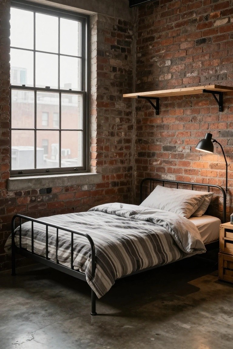 Small bedroom interior with exposed red brick walls, black metal bed frame with gray striped duvet and pillows, large multi-pane window, wall-mounted wood shelf, black arc lamp, wooden nightstand, and concrete floor.