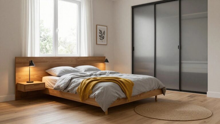 A small bedroom with an oak bed frame and white linens topped by a yellow throw, wooden nightstand with desk lamp, white curtains on a double-hung window, and tall oak-framed frosted glass sliding wardrobe doors against light oak flooring and a seagrass rug.