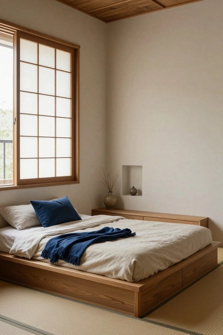 Small bedroom interior with low wooden platform bed featuring white linens, navy pillow and throw, tatami floor mats, shoji window, and wall alcove holding vase with branches.
