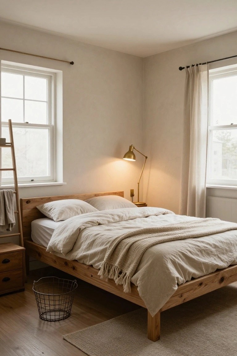 A small bedroom with a low wooden platform bed dressed in white linens and a knitted throw, a gold adjustable lamp on a wooden side table, a ladder shelf nearby holding folded linens, sheer curtains on two double-hung windows, and a wire basket on light wood floors.