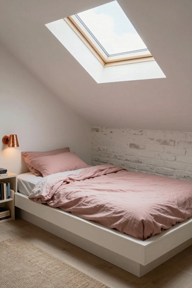 Small attic bedroom with white low platform bed covered in pink linen duvet and pillows, exposed whitewashed brick accent wall, copper wall sconce, wooden nightstand with books, sloped white ceiling with skylight, and light wood floor with seagrass rug.
