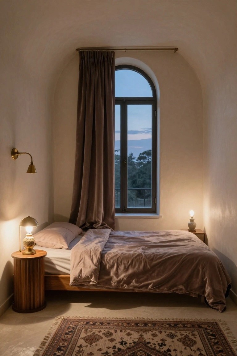 Small bedroom with low wooden platform bed under arched window with brown curtains, brass lamps on wood nightstand and wall, beige bedding, and patterned rug on tiled floor.