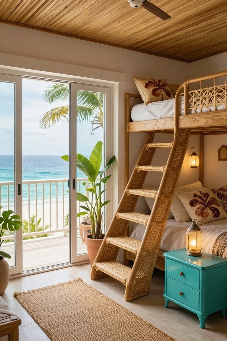 Small bedroom with wooden bunk beds and rattan ladder, sliding glass doors to ocean-view balcony, potted banana leaf plant and monstera, teal two-drawer nightstand, and woven rug on floor.