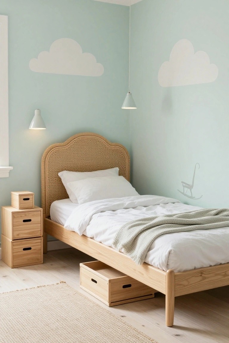 Small bedroom with mint green walls decorated with white cloud and rocking chair stickers, rattan headboard on wooden single bed with white sheets and gray throw, stacked wooden nightstands, under-bed drawer, and seagrass rug on light wood floor.