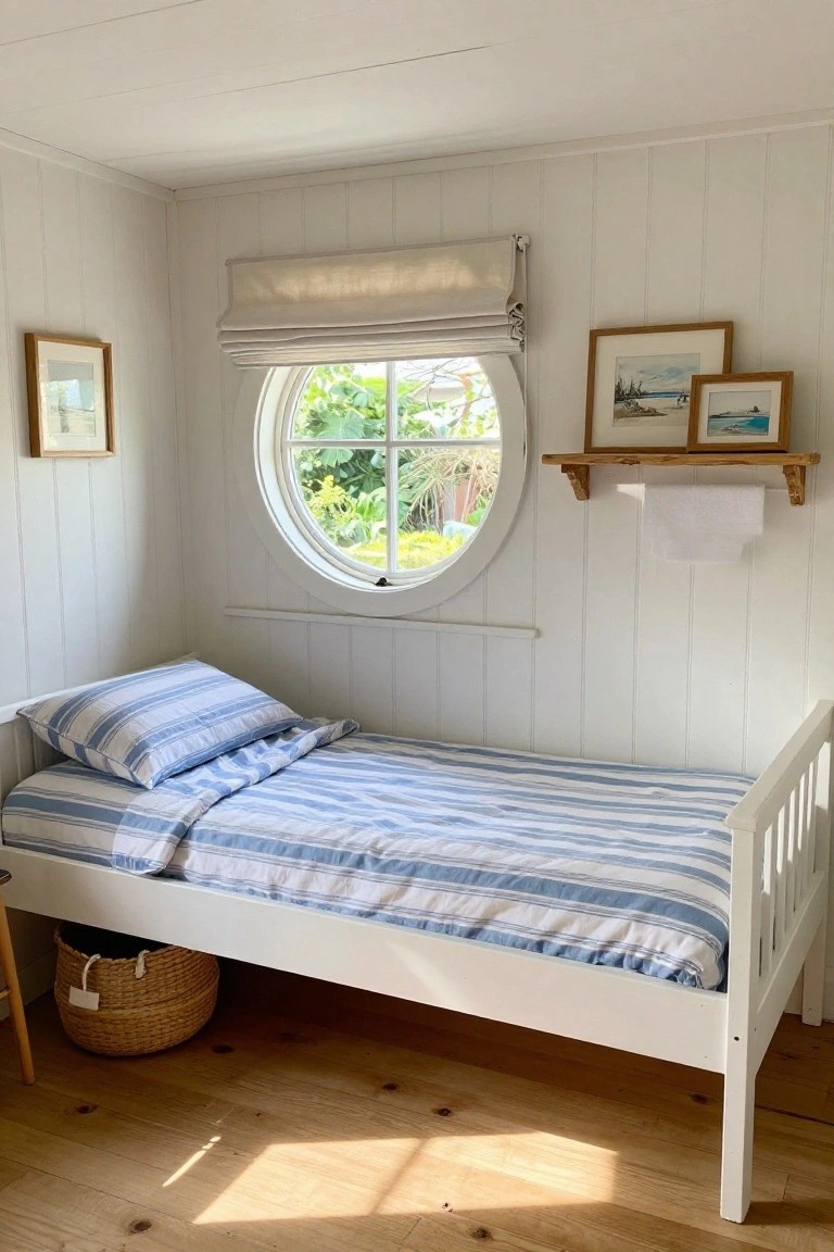 Small bedroom with white vertical paneled walls and ceiling, round window with beige roman shade showing garden view, single white bed frame with blue striped duvet and pillow, wooden floor, wicker basket, and wooden stool.