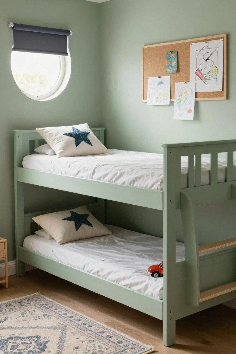 Sage green wooden bunk bed in a small child's bedroom with white bedding, star-embroidered pillows, a red toy car on the lower bunk, corkboard with children's artwork on the wall, round window with dark roller blind, and patterned rug on wood floor.