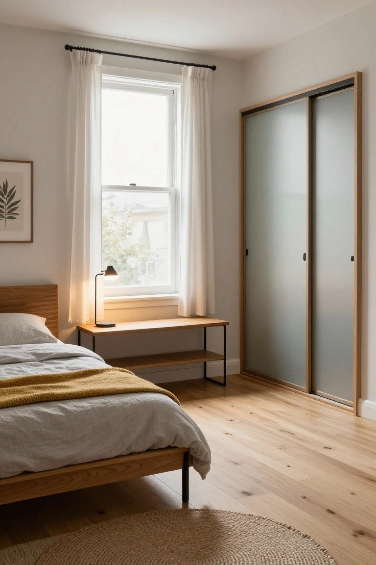 A small bedroom with an oak bed frame and white linens topped by a yellow throw, wooden nightstand with desk lamp, white curtains on a double-hung window, and tall oak-framed frosted glass sliding wardrobe doors against light oak flooring and a seagrass rug.