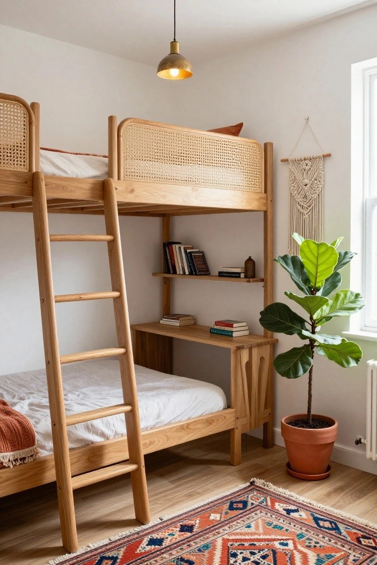Wooden bunk beds with rattan headboards and side panels in a small bedroom, featuring a ladder, built-in shelves, desk below the lower bunk, books, potted fiddle leaf fig plant, macrame wall hanging, and colorful patterned rug on light wood floors.