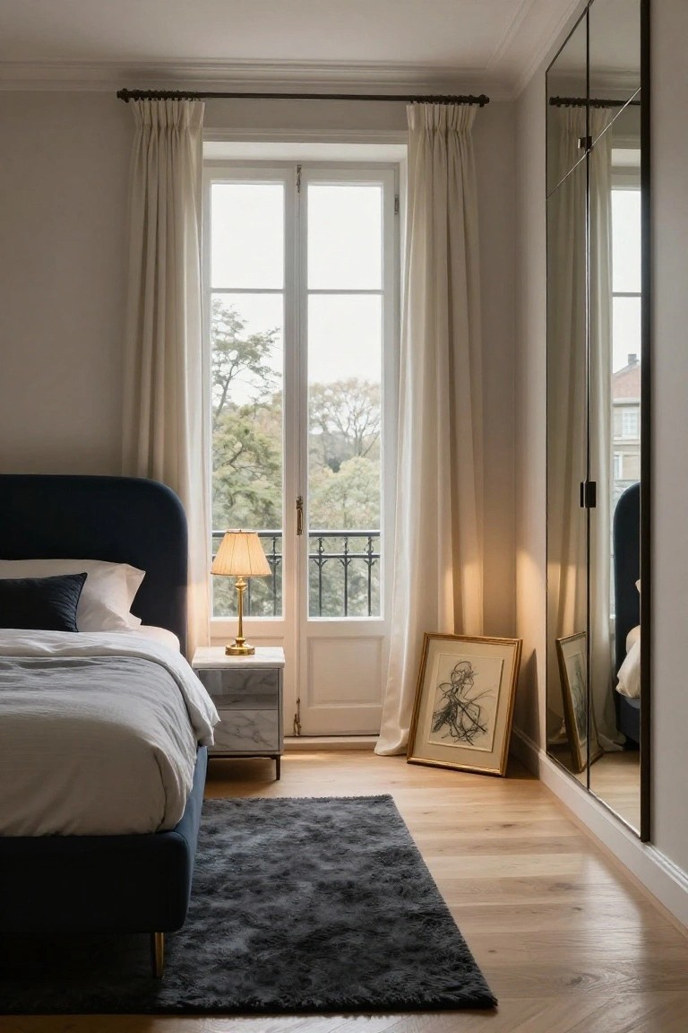 Small bedroom featuring a navy upholstered bed with white linens, gold lamp on marble nightstand, gold-framed artwork, large mirror reflecting French doors to a balcony overlooking trees, sheer curtains, dark rug on light wood floors.