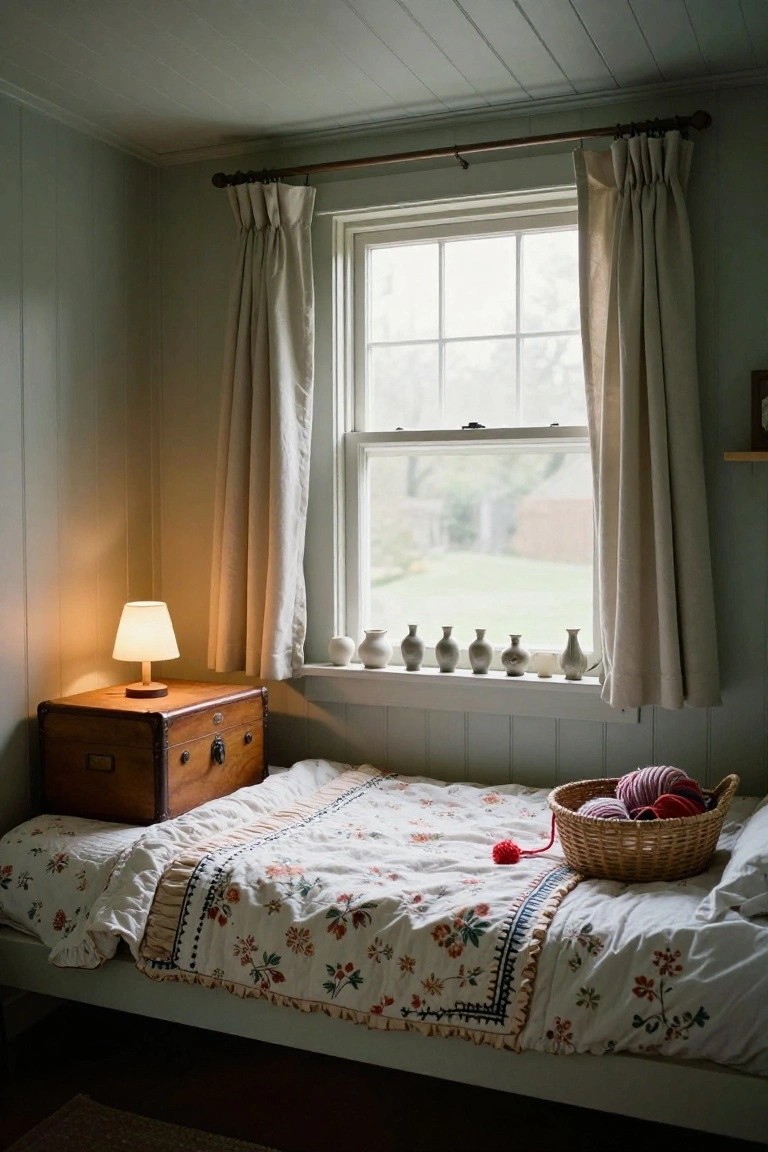 Small bedroom featuring a low wooden bed with floral quilt, wooden trunk as bedside table holding a lamp, row of pottery vases on the window sill above, and a wicker basket of yarn on the bed.