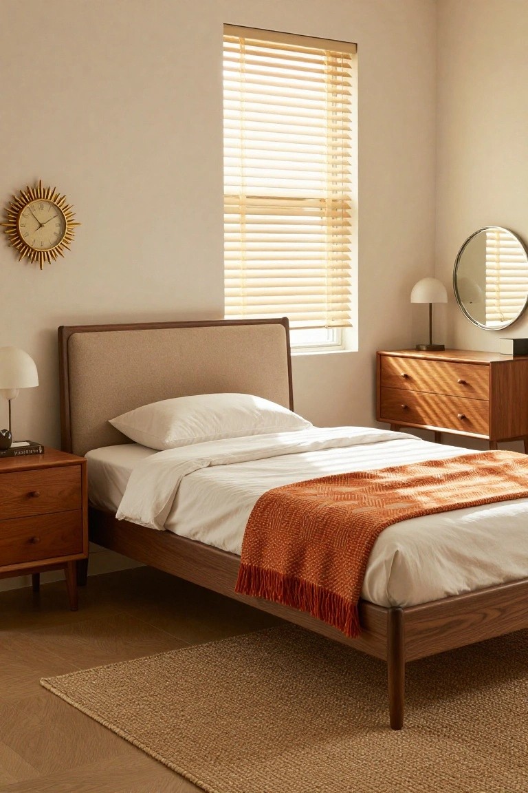 A small bedroom with light beige walls, wooden mid-century bed with beige upholstered headboard and orange throw on white bedding, matching wood nightstands and dresser, round mirror with lamp, venetian blinds on window, and sunburst wall clock.