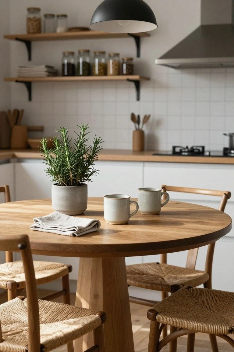 A round wooden dining table in a light kitchen with a potted rosemary plant at center, two white ceramic mugs, a folded linen napkin, wooden rush-seat chairs, open wood shelves with jars, white subway tile walls, and a black pendant light overhead.
