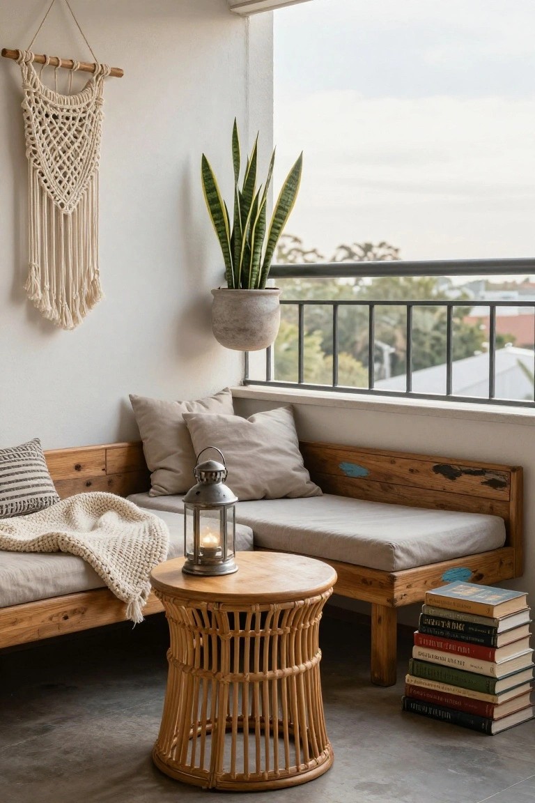 Cozy balcony nook with wooden bench, pillows, macramé, lantern, plant, and books.