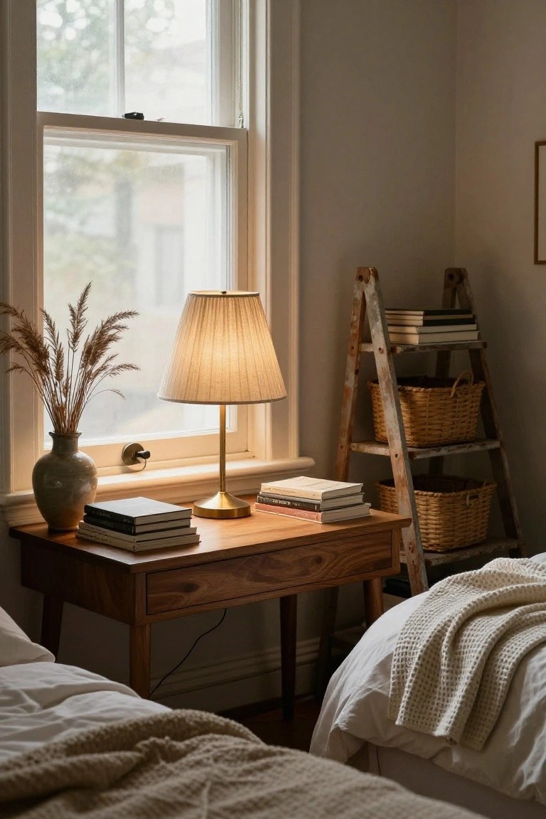 Bedroom corner with a wooden desk holding stacked books, a brass table lamp with fabric shade, pampas grass in a ceramic vase by a large window, wooden ladder shelf stocked with books and woven baskets, and two beds draped in light throws.