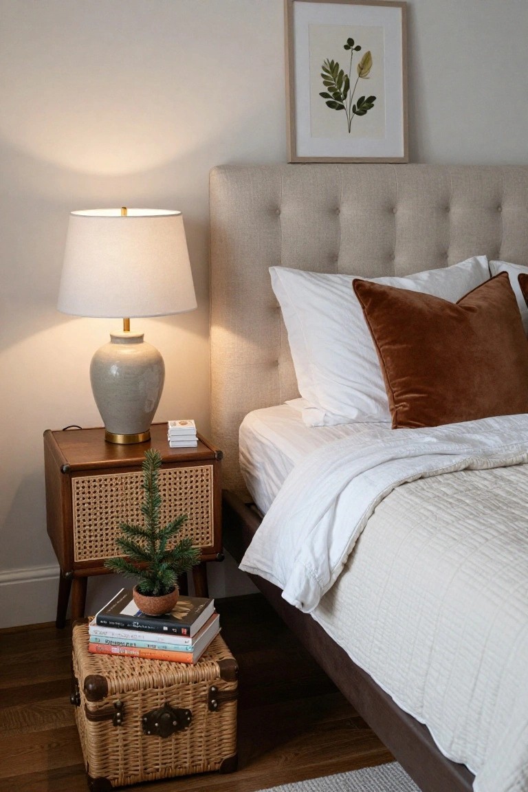 Bedroom with beige upholstered bed, white sheets and quilt, rust velvet accent pillows, wooden rattan nightstand with small potted Christmas tree, ceramic lamp, stacked books, and woven storage trunk on hardwood floor.