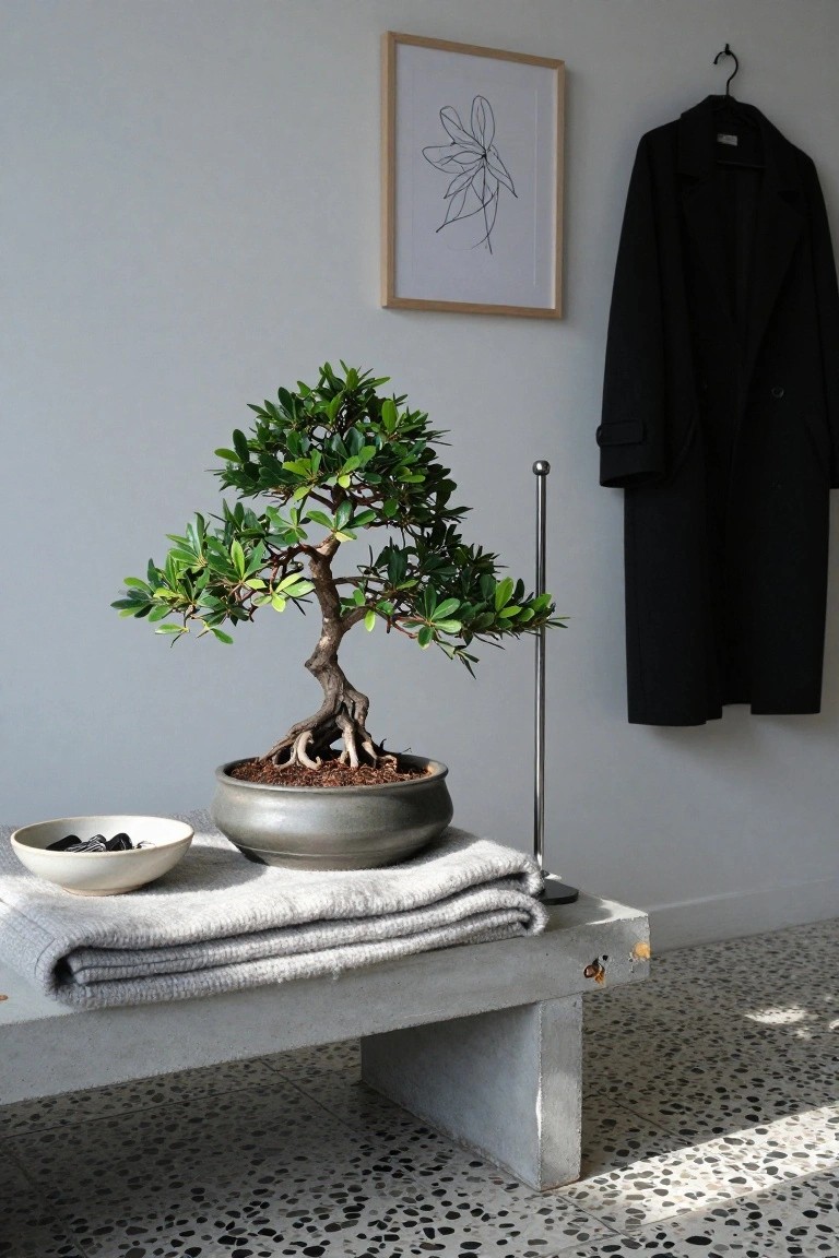 A small green bonsai tree in a gray pot on a concrete bench draped with a gray blanket next to a white bowl of black stones in a light gray room with a black coat hanger and line art on the wall.