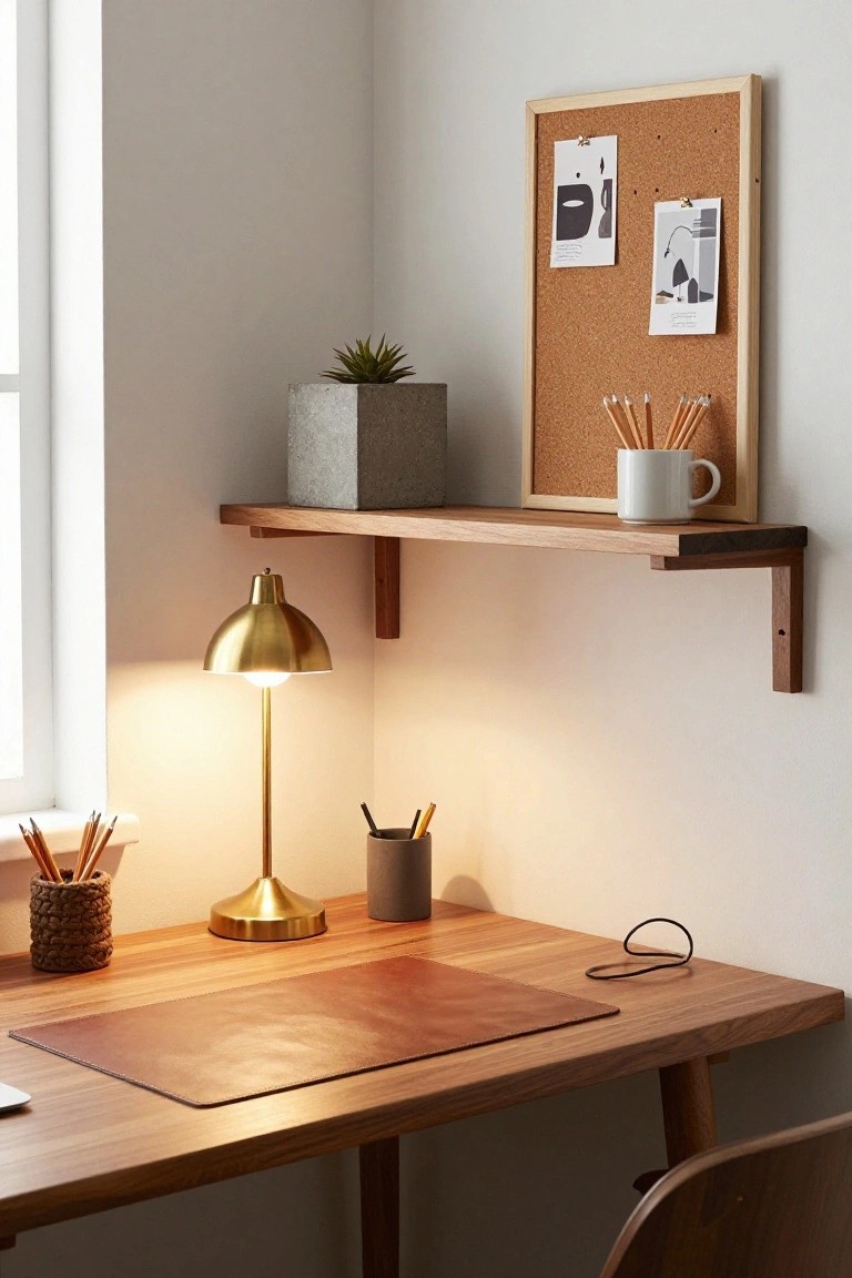Wooden corner desk with leather desk mat, brass desk lamp, rattan pen holder, gray mug holder, and woven basket of pencils, under a wall-mounted wooden shelf holding concrete planter with succulent, white mug, and corkboard framed with pinned papers and photos, beside a window in a light-colored room.