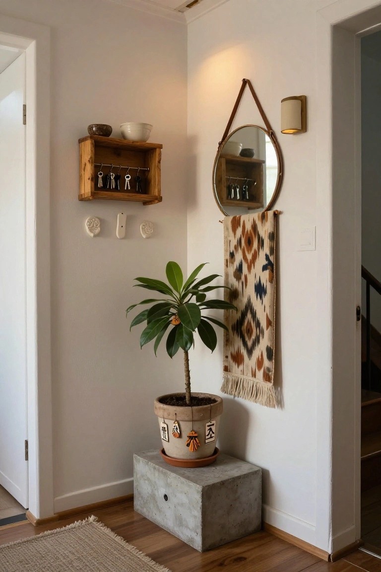 White interior corner with wooden key rack holding keys, white bowls on shelf, round mirror on leather strap, woven tapestry hanging, three wall-mounted ceramic faces and device, potted green rubber plant on square concrete pedestal, wall sconce, and wood floor with rug.