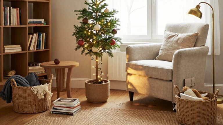 A small potted Christmas tree with fairy lights and neutral gray and white ornaments sits on a wooden side table in a cozy living room corner beside a beige sofa, bookshelves, and a floor lamp.