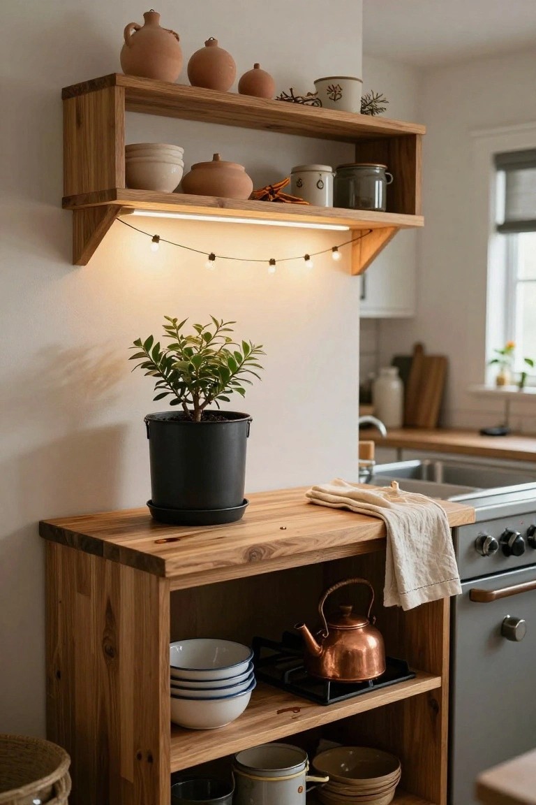 Kitchen corner with floating wooden shelves holding terracotta pots, ceramic jars, bowls, and mugs, lit by string lights underneath, a potted plant on wooden counter below, copper kettle on lower shelf, and stove nearby.