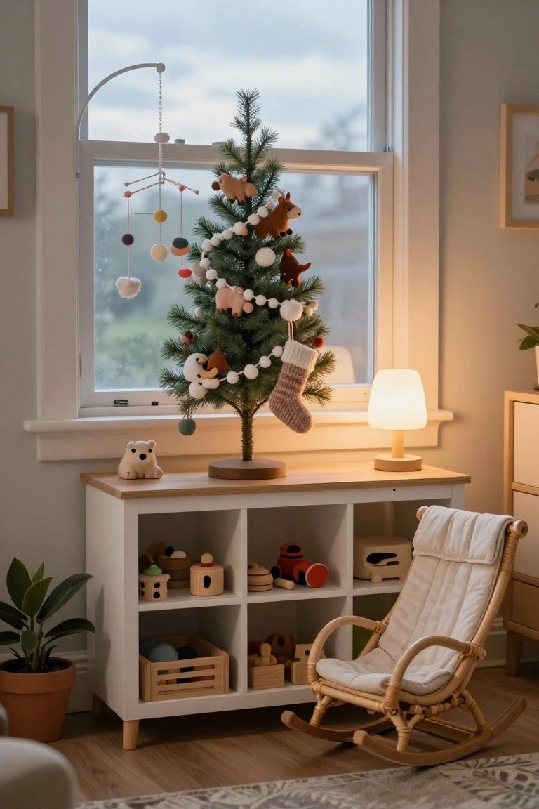 A small decorated Christmas tree with pom poms and animal ornaments stands on a wooden dresser by a large window in a nursery, next to cubby storage filled with toys and a rattan rocking chair.