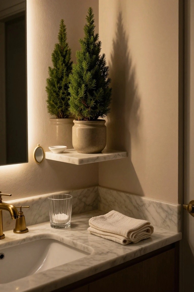Bathroom vanity area with white marble countertop and sink, gold faucet, glass tumbler with white powder, folded white towels, small white dish on marble floating shelf holding two potted small Christmas trees in terracotta pots, round gold mirror, and beige walls.