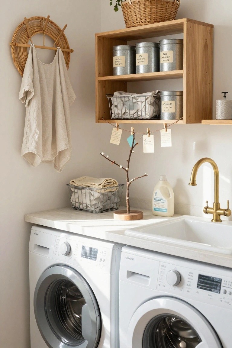 Laundry room featuring two white front-loading washers, a white sink with gold faucet, wooden wall shelves stocked with metal tins and baskets, linens draped nearby, and a small bare branch tree on a wooden base with paper tags clipped to it.