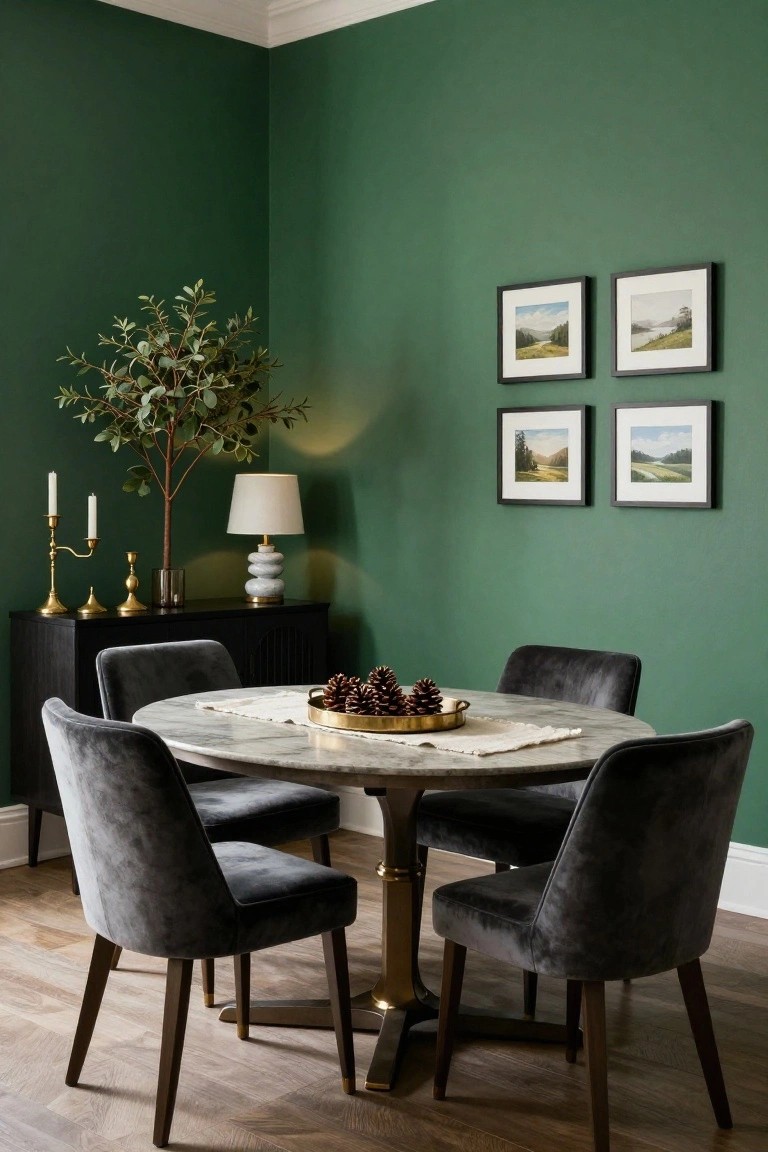 Emerald green dining room with round gray marble table and gray velvet chairs, black sideboard holding gold candlesticks and pinecones, potted eucalyptus branches by a lamp, and four framed landscape prints on the wall.